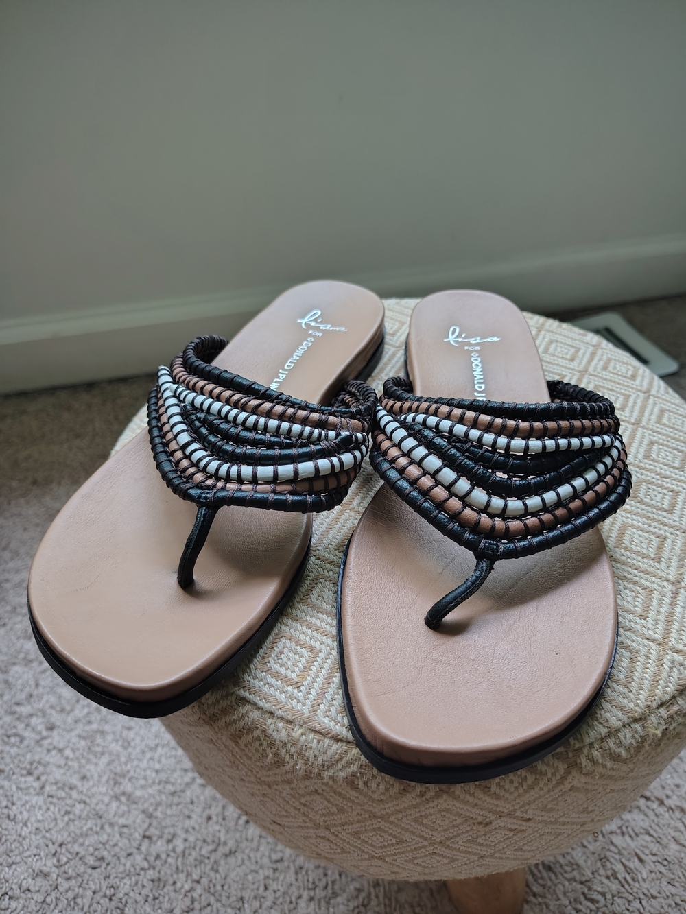 Rina Beaded Toe-Post Sandals in Black and Tan